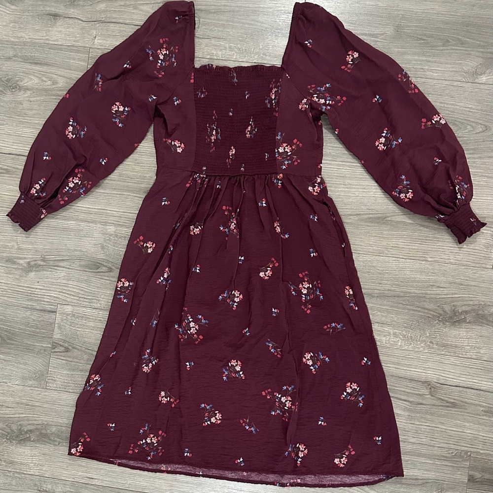 a.n.a Burgundy Floral Long Sleeve Dress - Picture 2 of 4